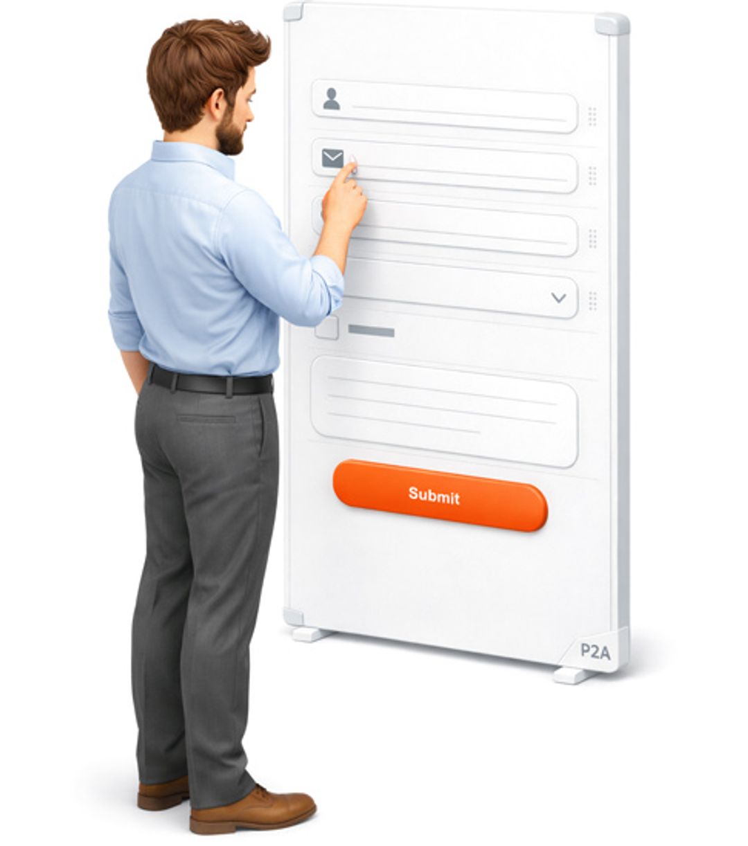 Man reaches to press into the email field of a life sized form