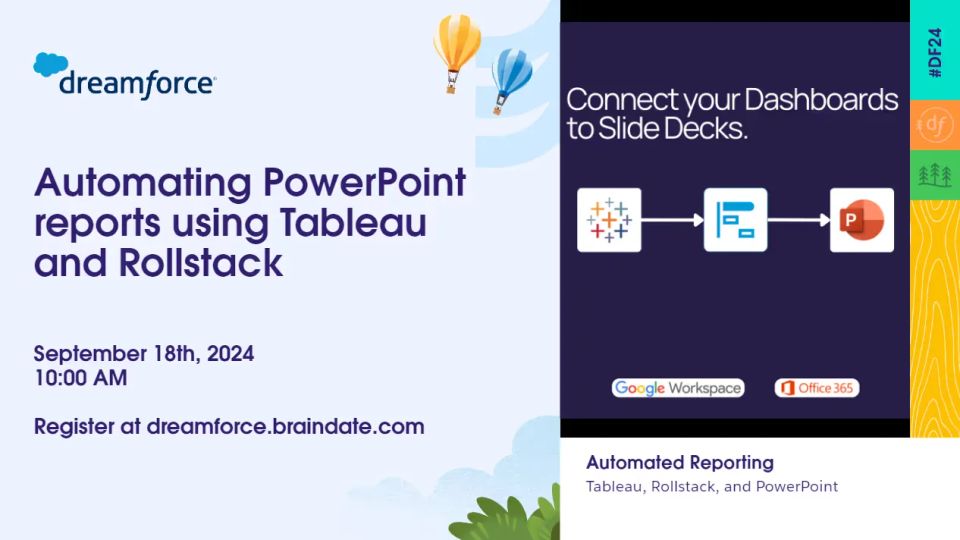 Dive into hands-on learning! Join our #braindate on automating PowerPoint reports using Tableau and Rollstack to drive efficiency in your reporting process. Secure your spot on Wednesday, September 18th, at 10:00 am by clicking the image below or by registering here.