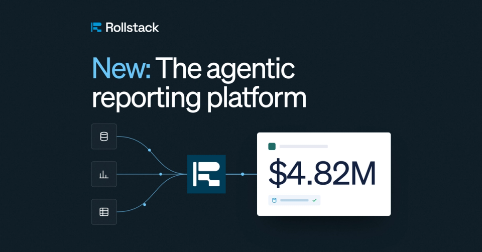 New: The agentic reporting platform. Three data sources feed Rollstack, which produces a $4.82M figure.