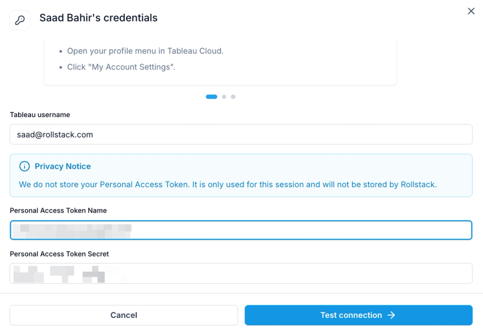 Tableau connection panel with a Personal Access Token field