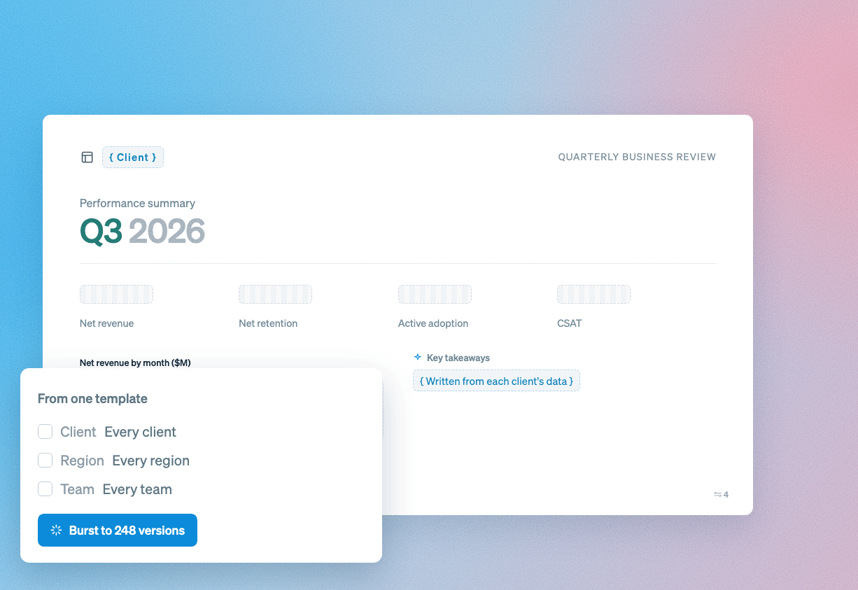 One quarterly business review template bursts into 248 client versions, each with its own numbers and takeaways.