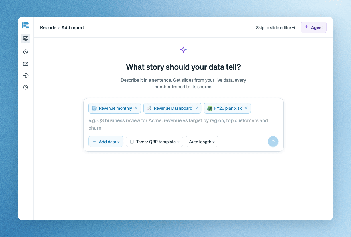 The Add report screen with three data sources and a template selected: a Q3 business review prompt is typed and sent, then the report builds as the agent works through its checklist, ending on the performance summary slide.