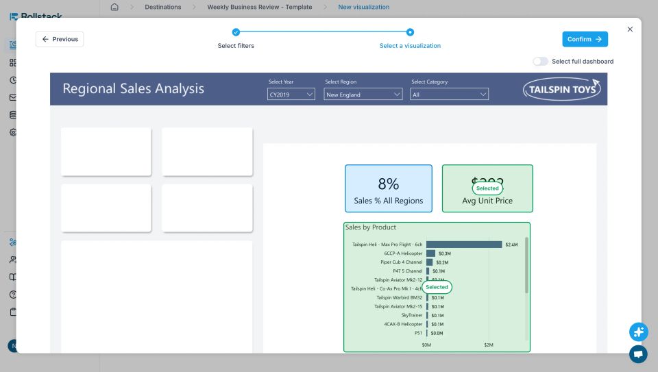Rollstack interface showing how to select a Power BI visualization from a Regional Sales Analysis dashboard with filters for year, region, and category