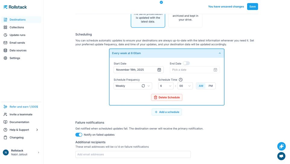 Rollstack scheduling settings showing weekly automated report updates with start date, frequency, time selection, and failure notification options