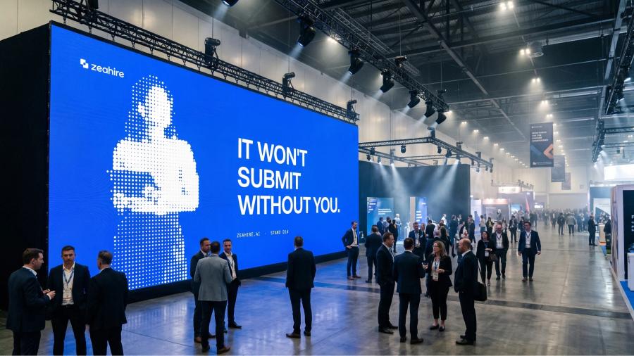 A ZeaHire billboard in an exhibition hall reading It won't submit without you.