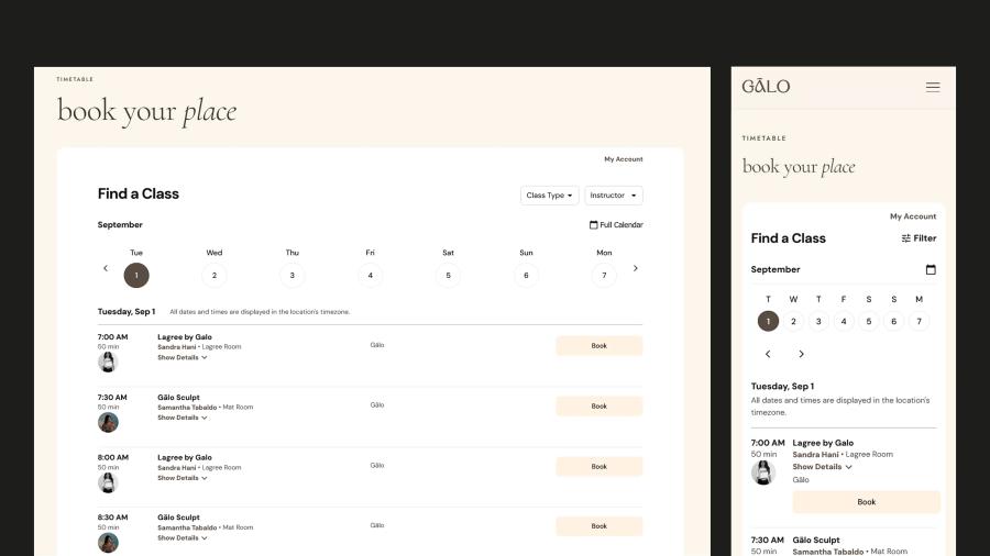 Gālo — a custom site with the studio's Mindbody scheduler built into it