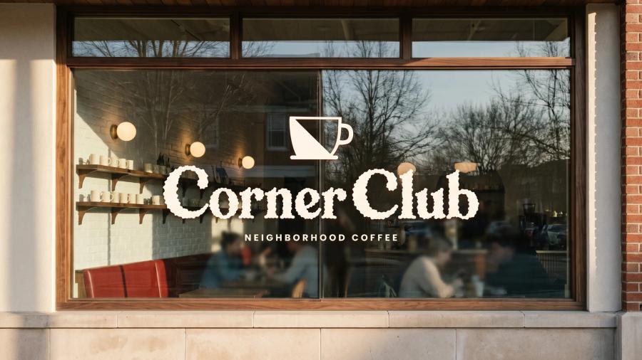 The Corner Club name painted across a café window, the room warm behind it.