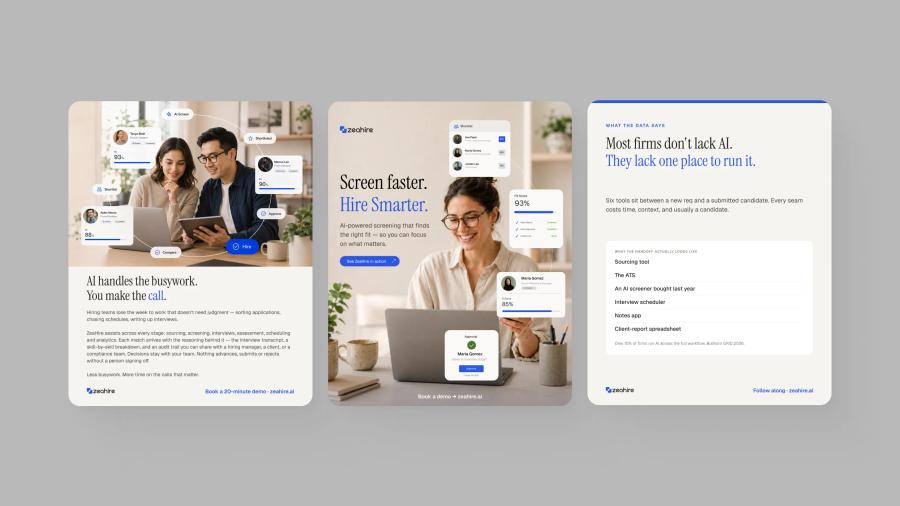 Three ZeaHire product screens side by side, sharing one set of components.