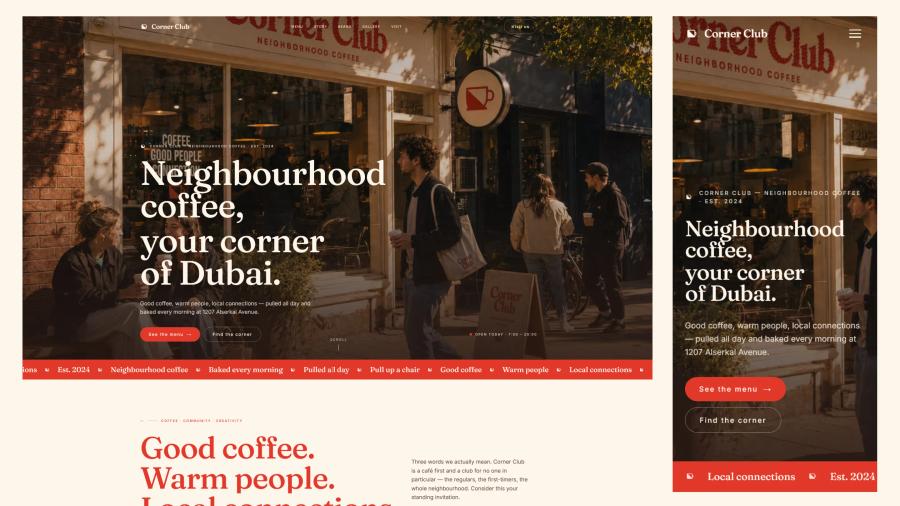 Corner Club — identity, signage and storefront for a coffee shop