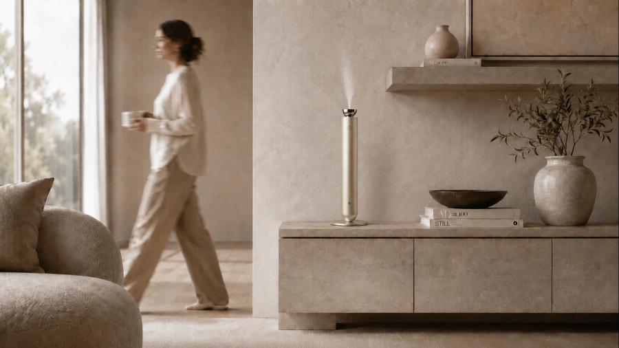 A woman crosses a pale open-plan room past a long sideboard holding a lit diffuser and a stone vase.