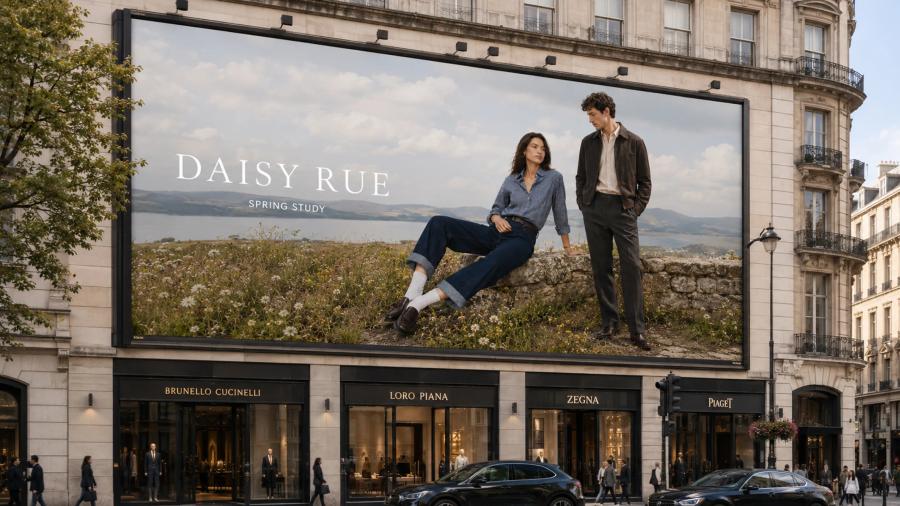 A Daisy Rue campaign billboard above a Paris street, traffic passing beneath it.