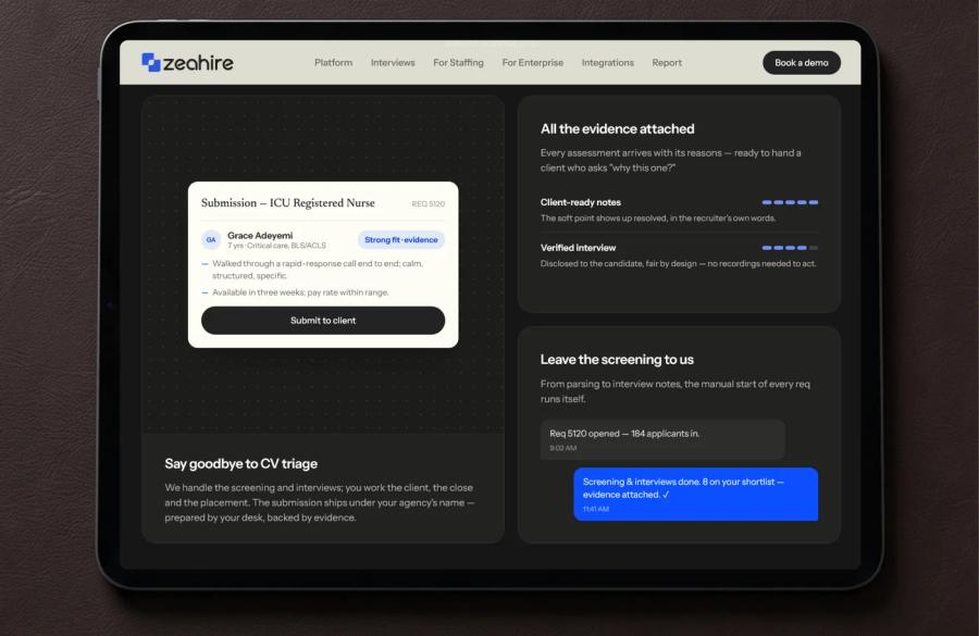 The ZeaHire screening interface on a tablet, dark.