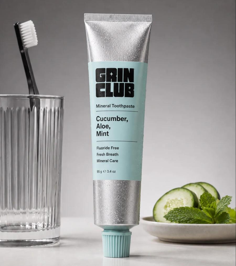 A Grin Club cucumber tube beside a toothbrush in a ribbed glass.