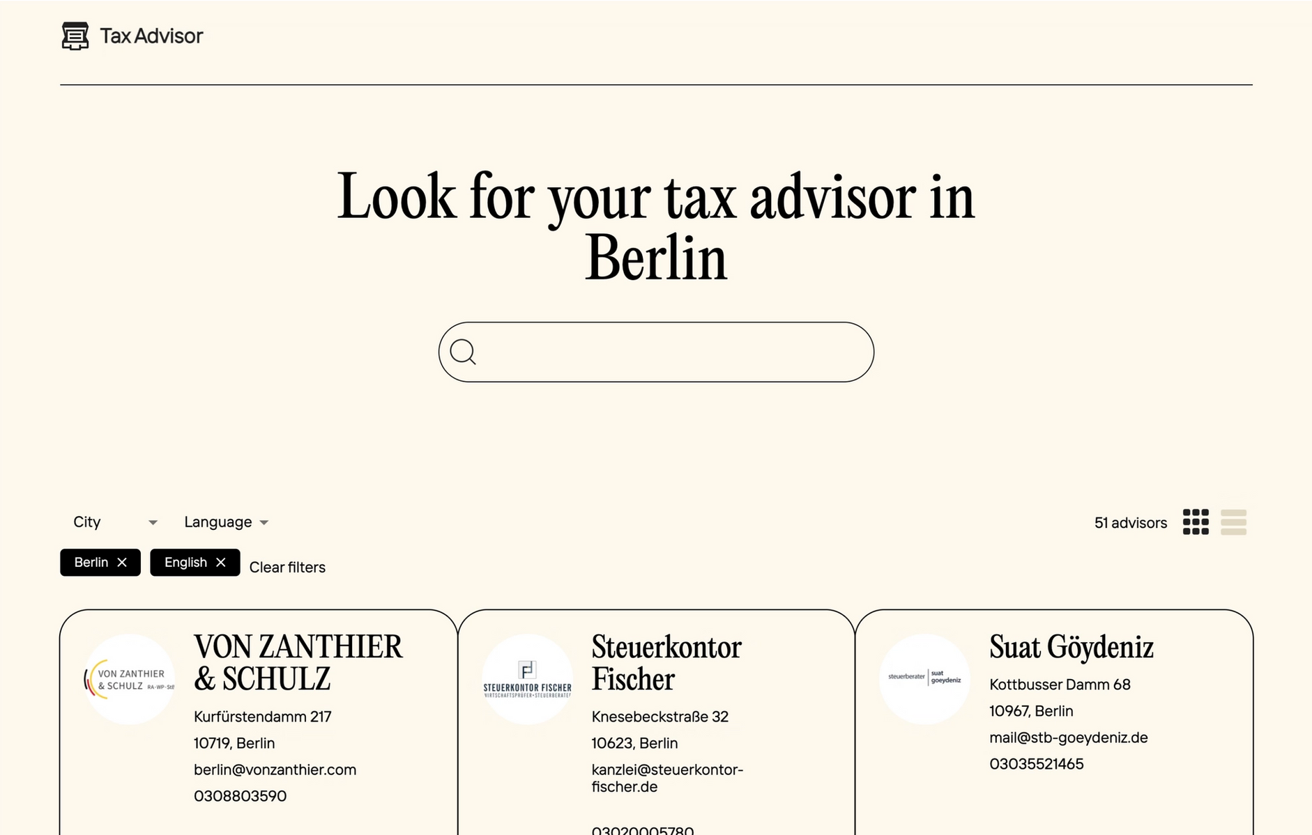 Tax Advisor homepage