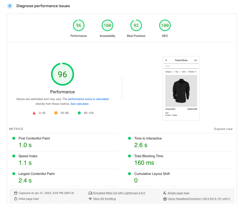 Google Page Speed Insights - Tinloof Store