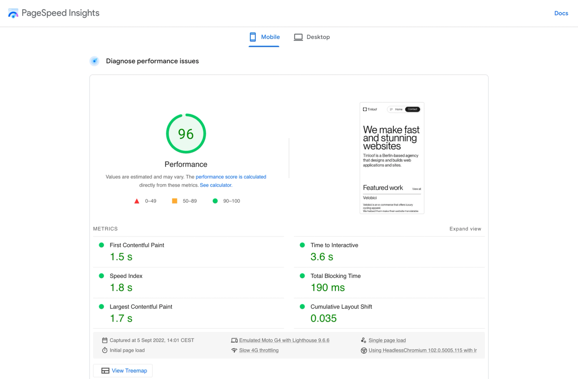 Tinloof's Google PageSpeed Insights scores