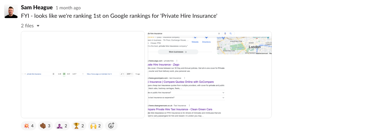 Zego ranking 1st on Google for "Private Hire Insurance"