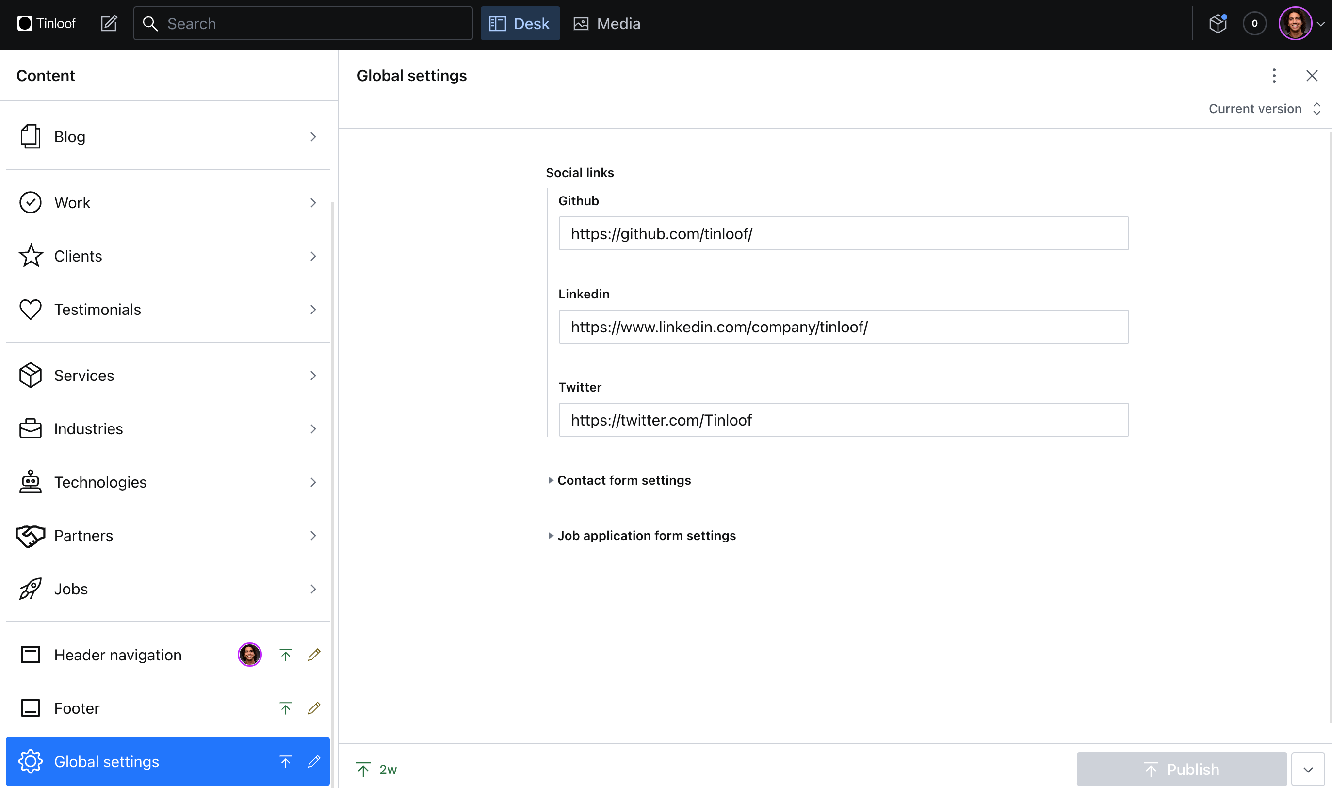 Global settings social links