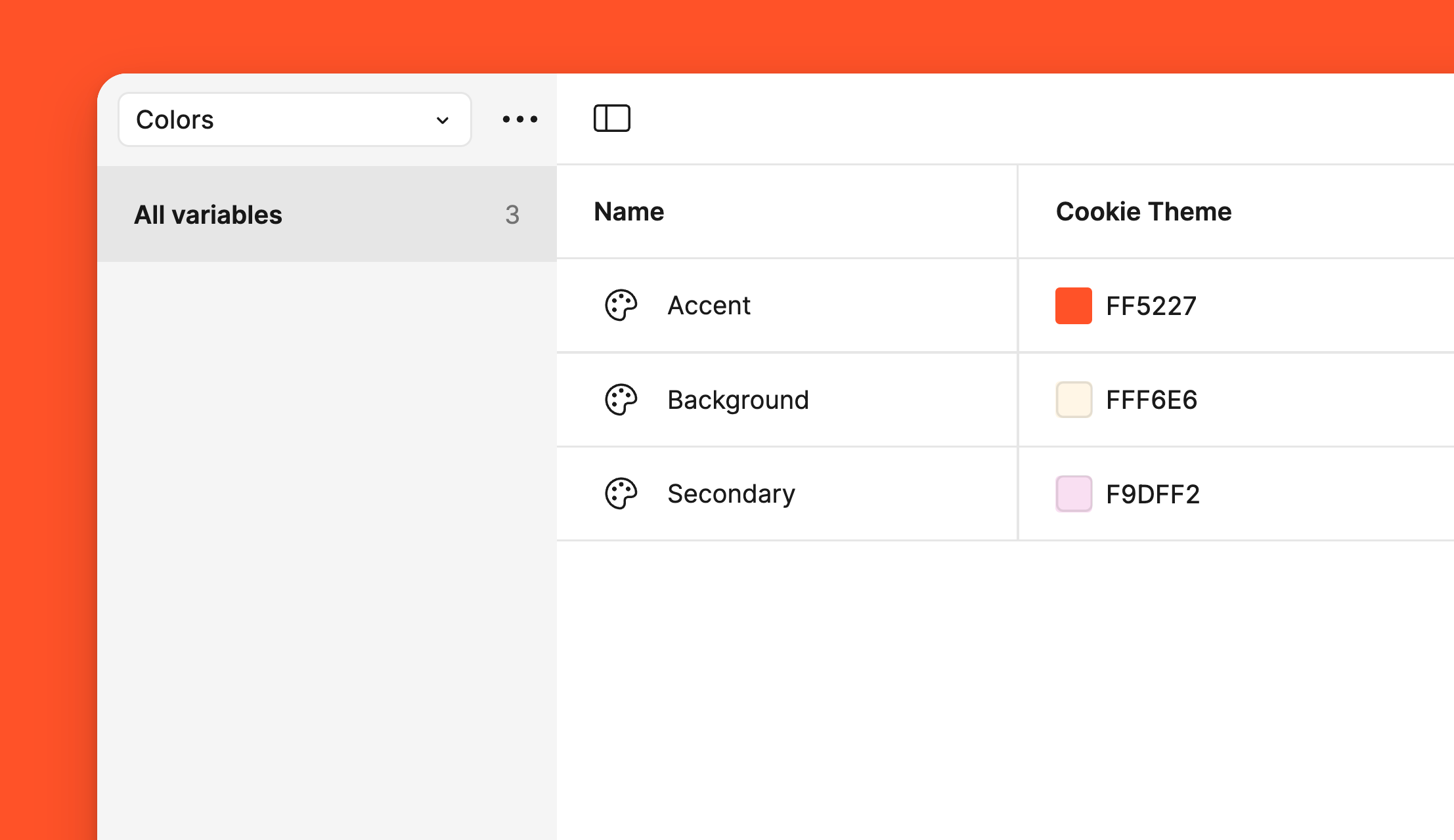 Figma variables modal showing the color variables