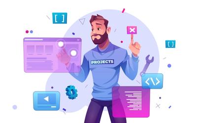 A modern workspace showing a developer interface with AI-assisted coding tools and futuristic web design elements.