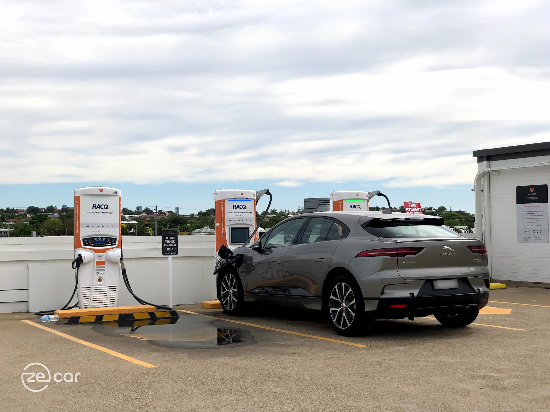 Jaguar i-Pace charging at Chargefox 350kW Toombul rooftop charger