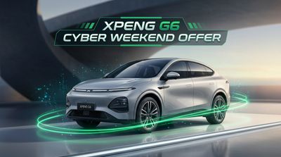 XPENG G6 electric SUV featured in Cyber Weekend promotional offer with green accent lighting