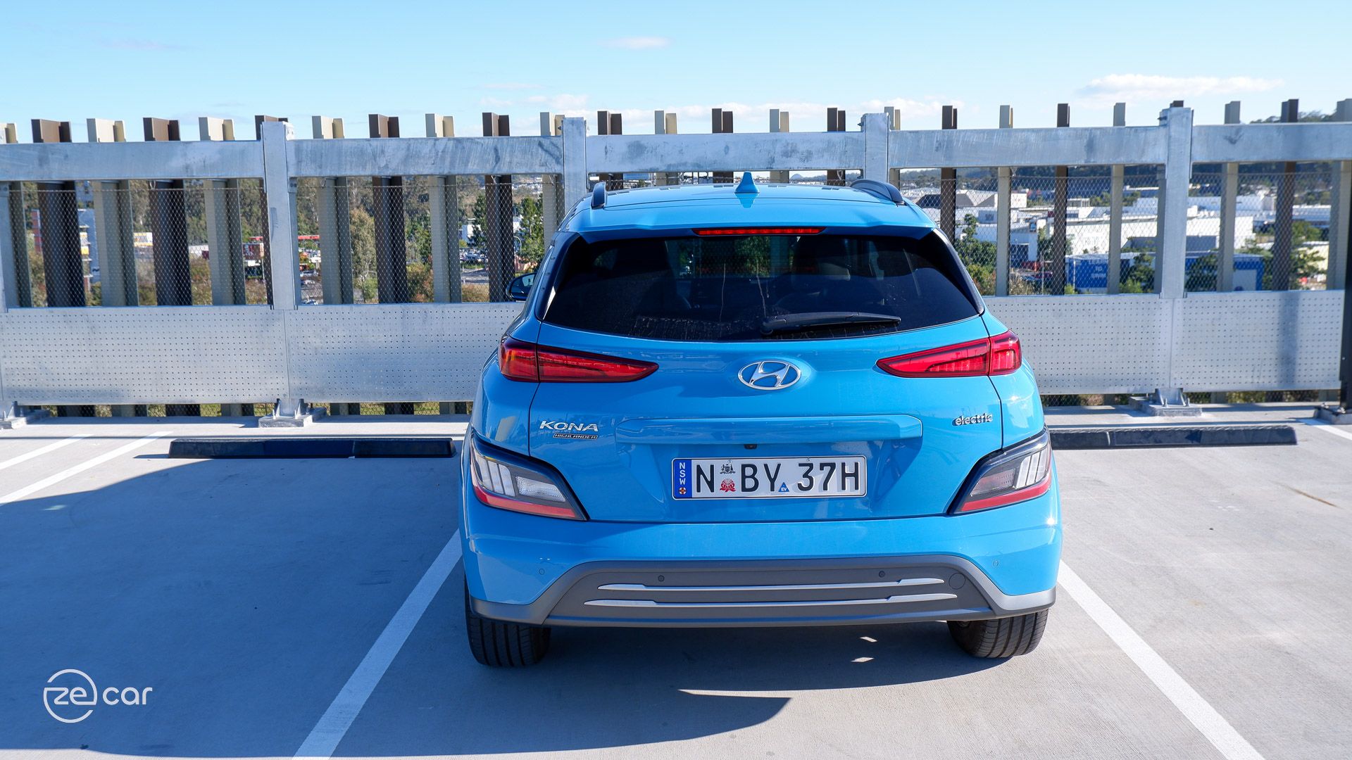 Blue Hyundai Kona Electric rear view