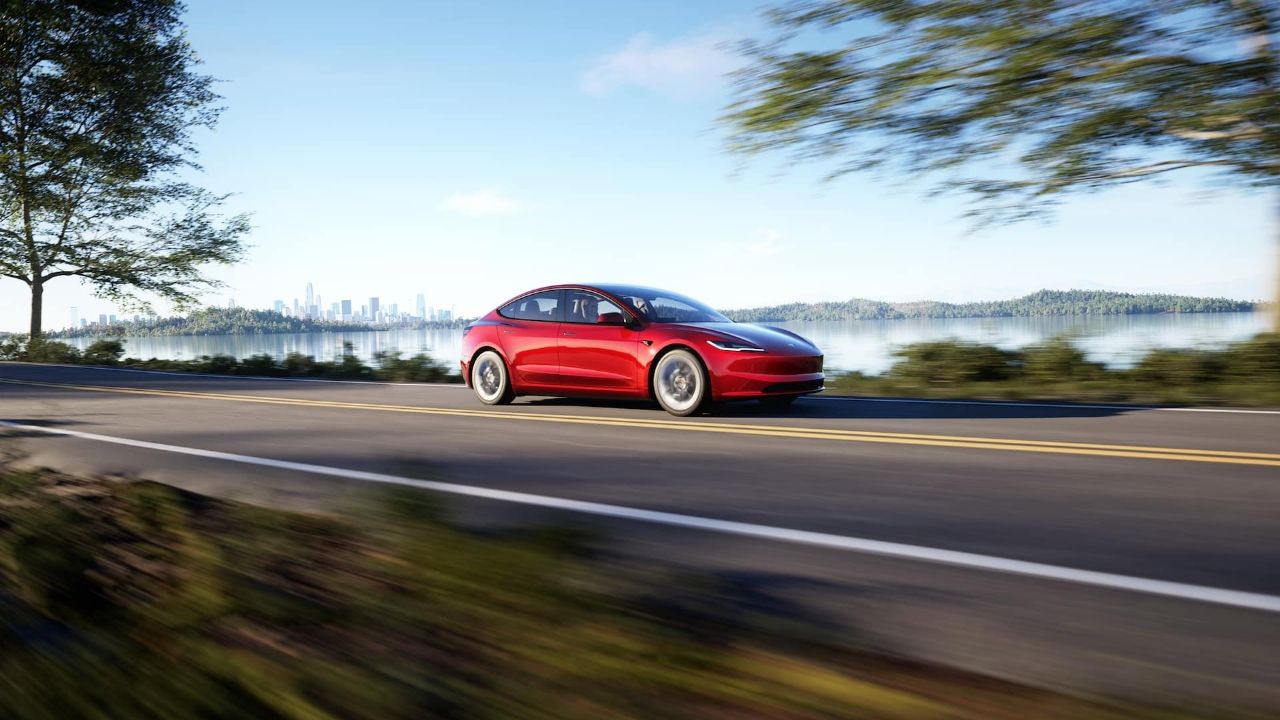 2024 Red Tesla Model 3 Running Shot