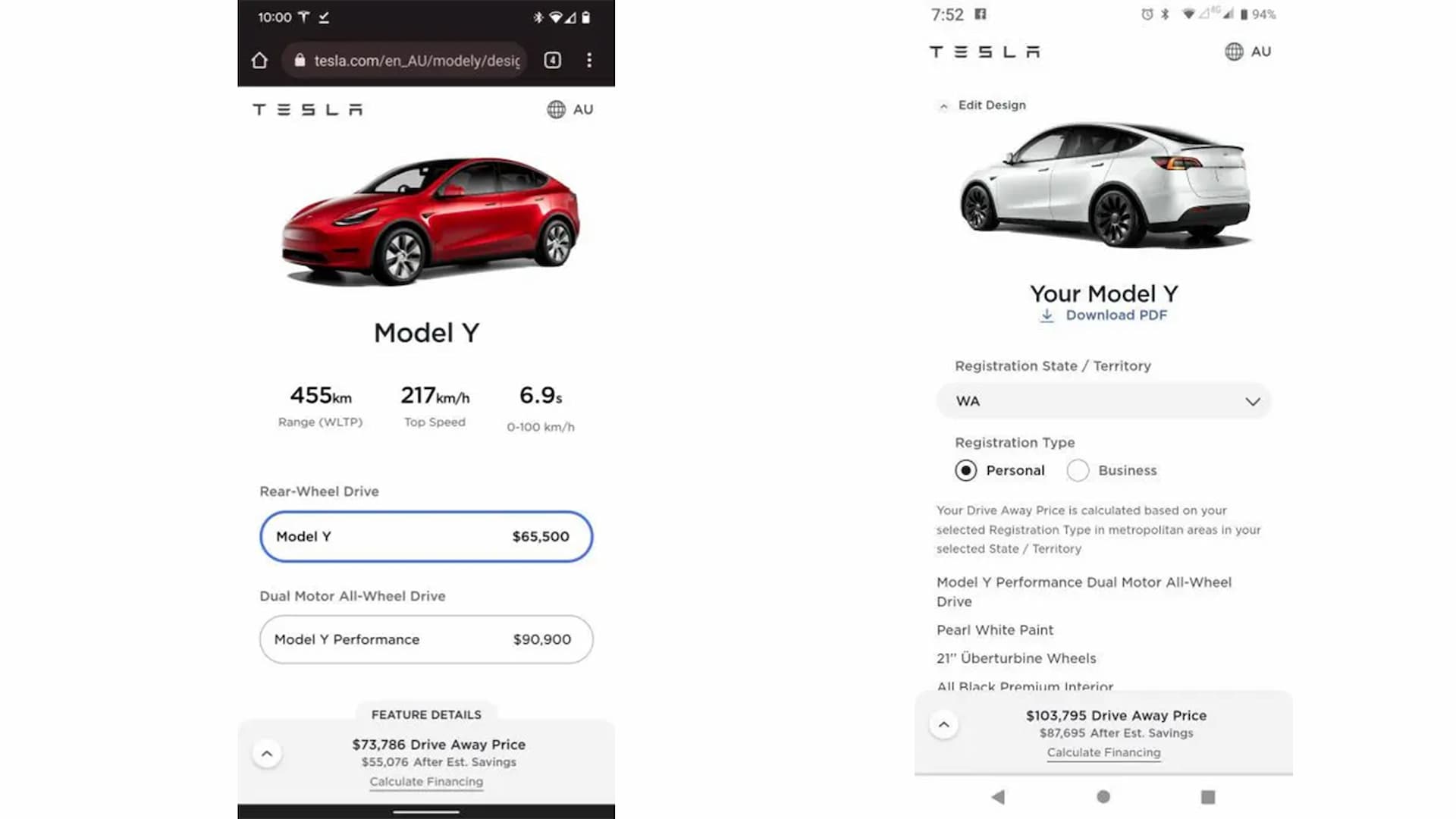 Screenshot of Australian Model Y order pages