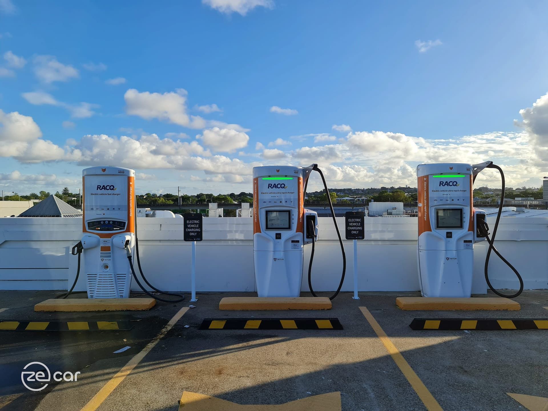 Three Tritium Chargefox RACQ EV chargers on Toombul rooftop