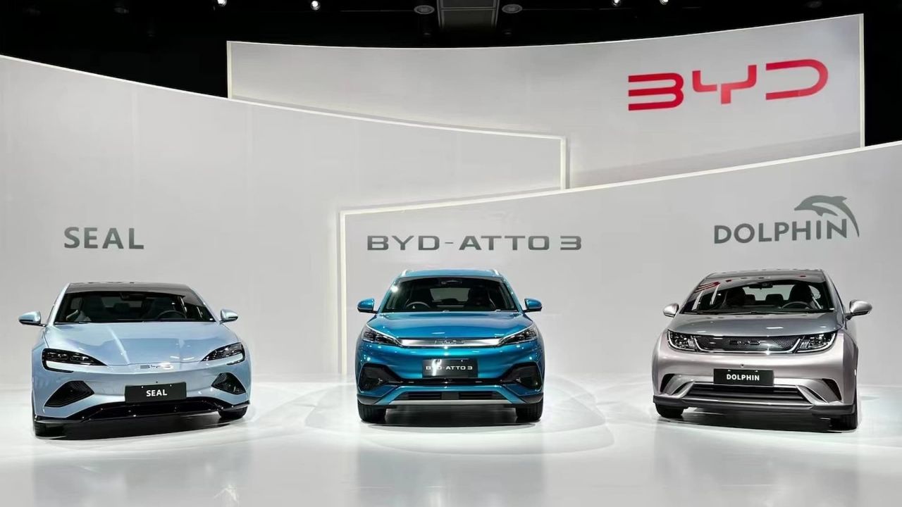 BYD Seal, Atto 3 and Dolphin left to right