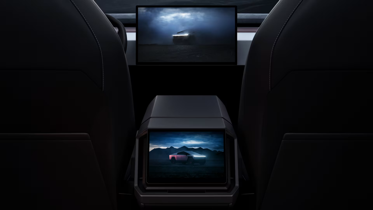 Tesla Cybertruck interior view from rear seats