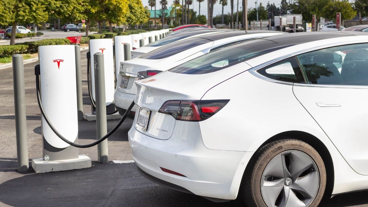 Fleet of Tesla Model 3 at charging station