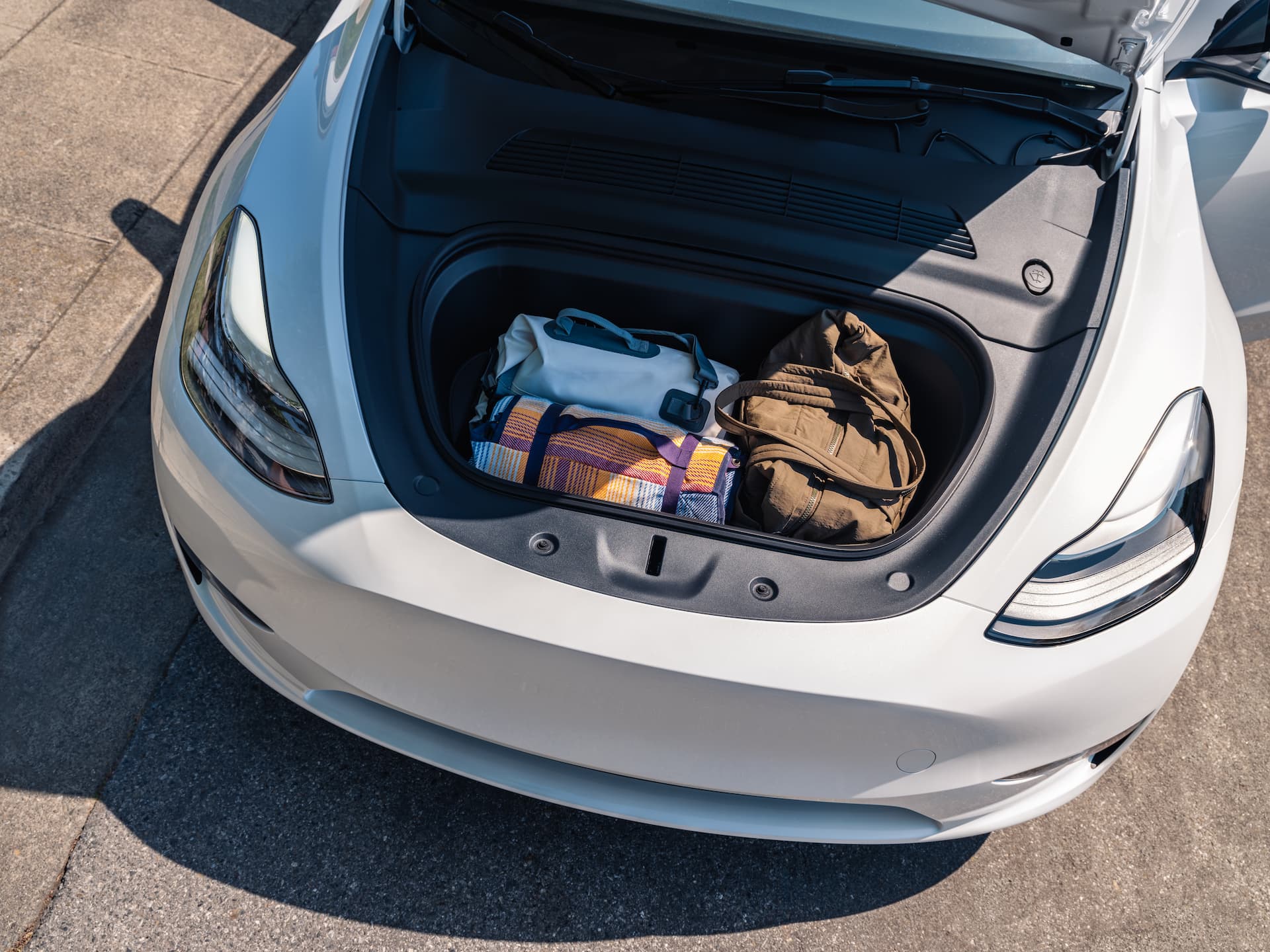 Tesla Model Y frunk stored with bags