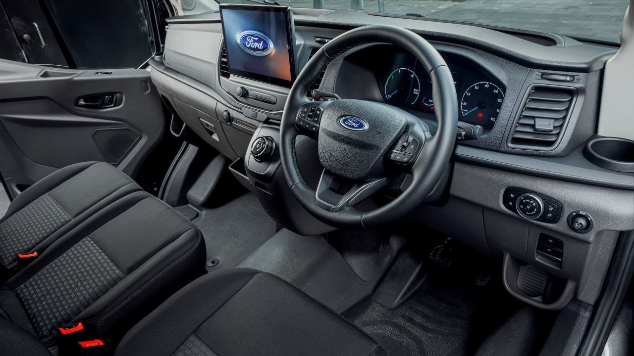 Ford E-Transit interior dashboard steering wheel, touchscreen and seats