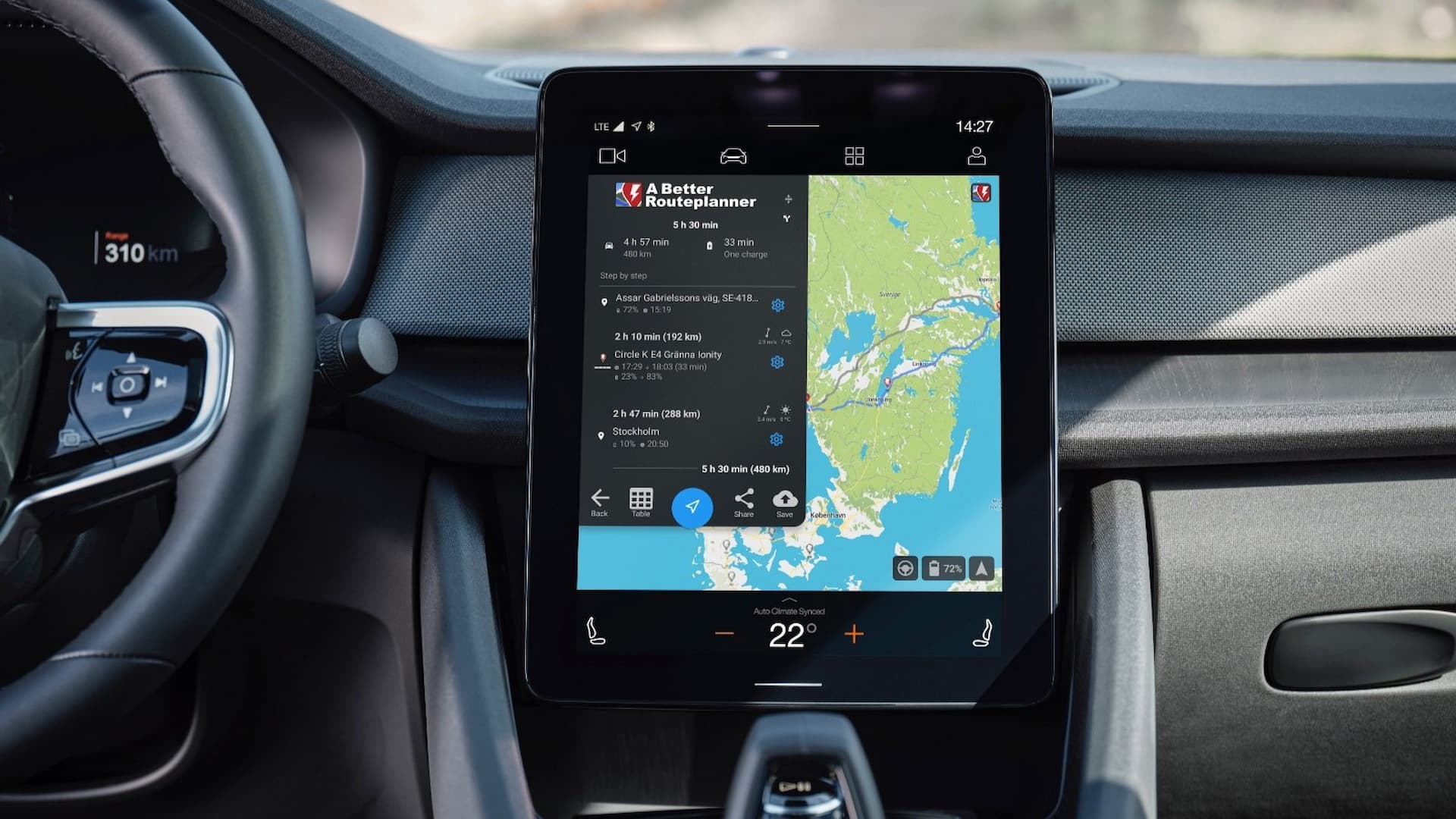 A Better Routeplanner app in Polestar 2 Android Automotive touchscreen