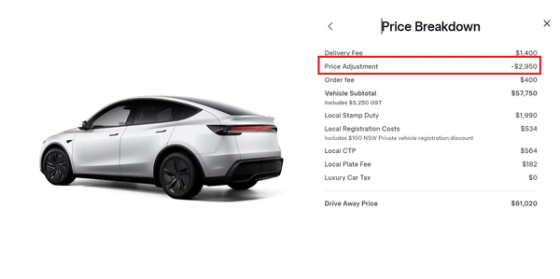 Tesla Australia inventory listing showing a 5% price reduction