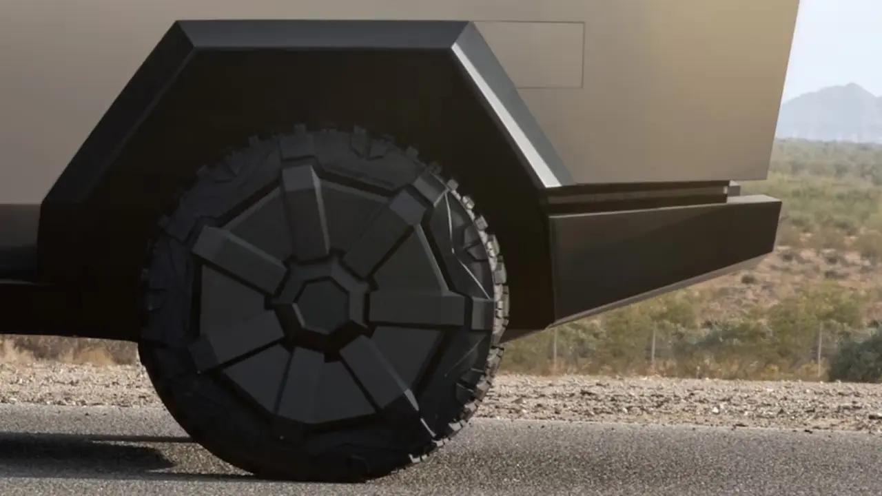 Tesla Cybertruck rear tire zoomed in at desert