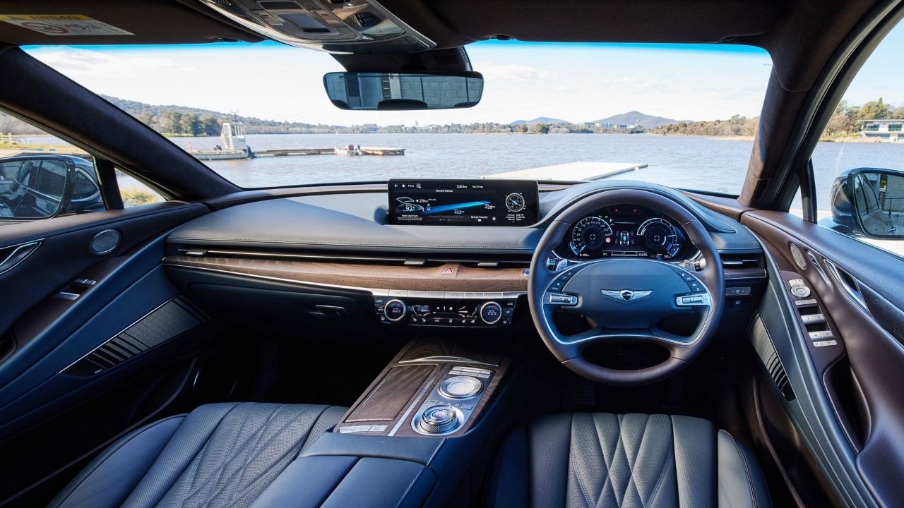 Genesis Electrified G80 blue interior with brown ash wood