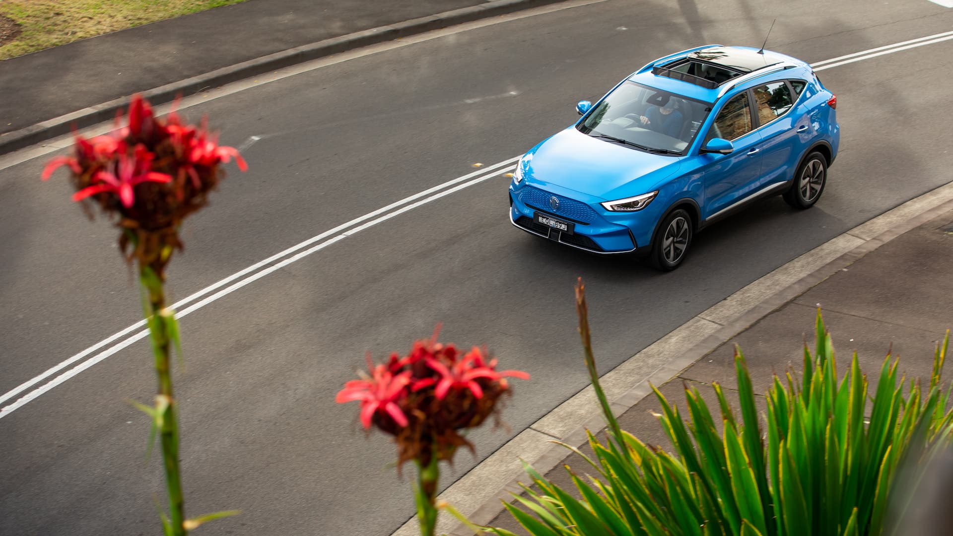 MG ZS EV driving on road in front of flowers