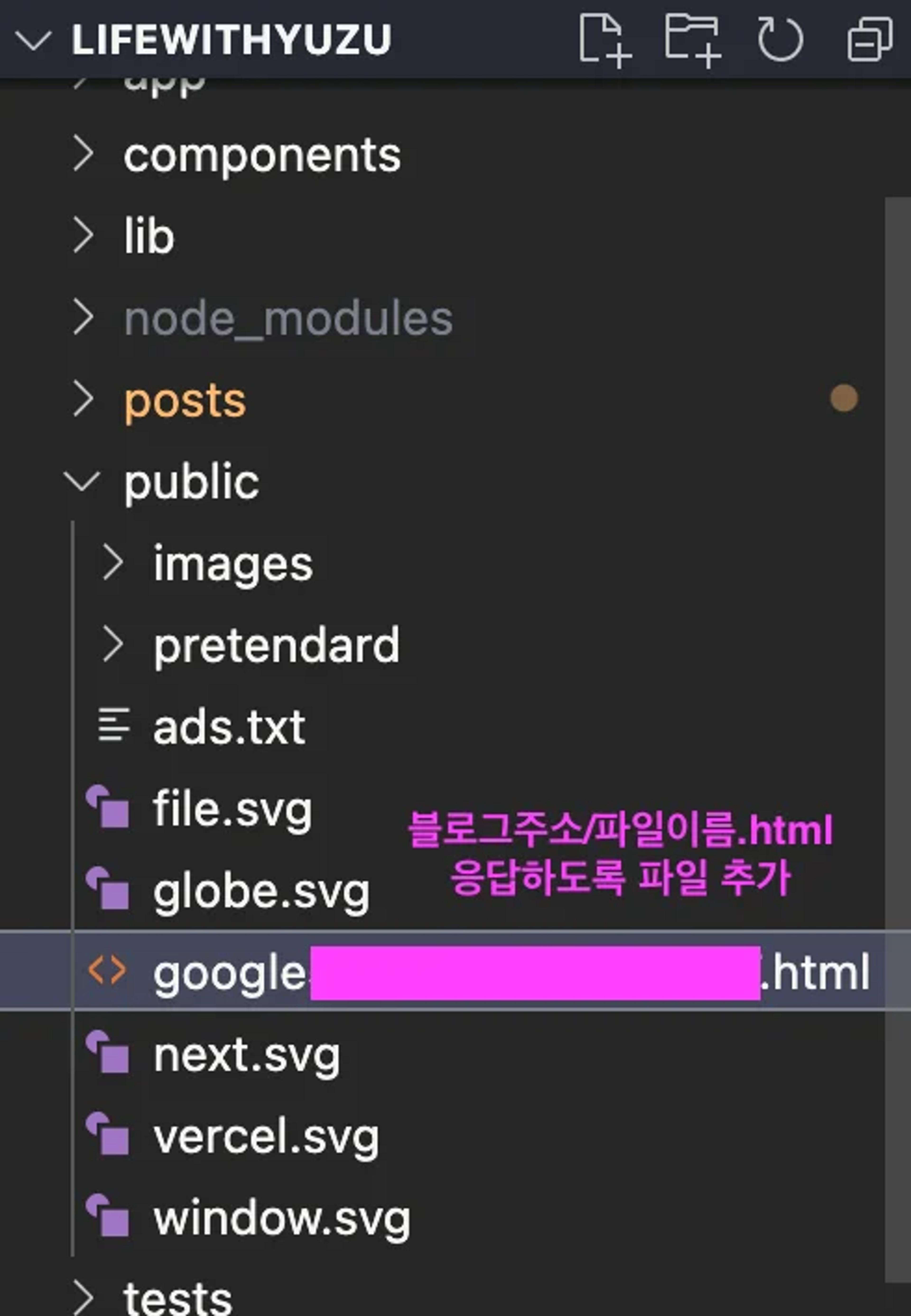 Next.js public 디렉토리에 인증 파일 추가하는 화면