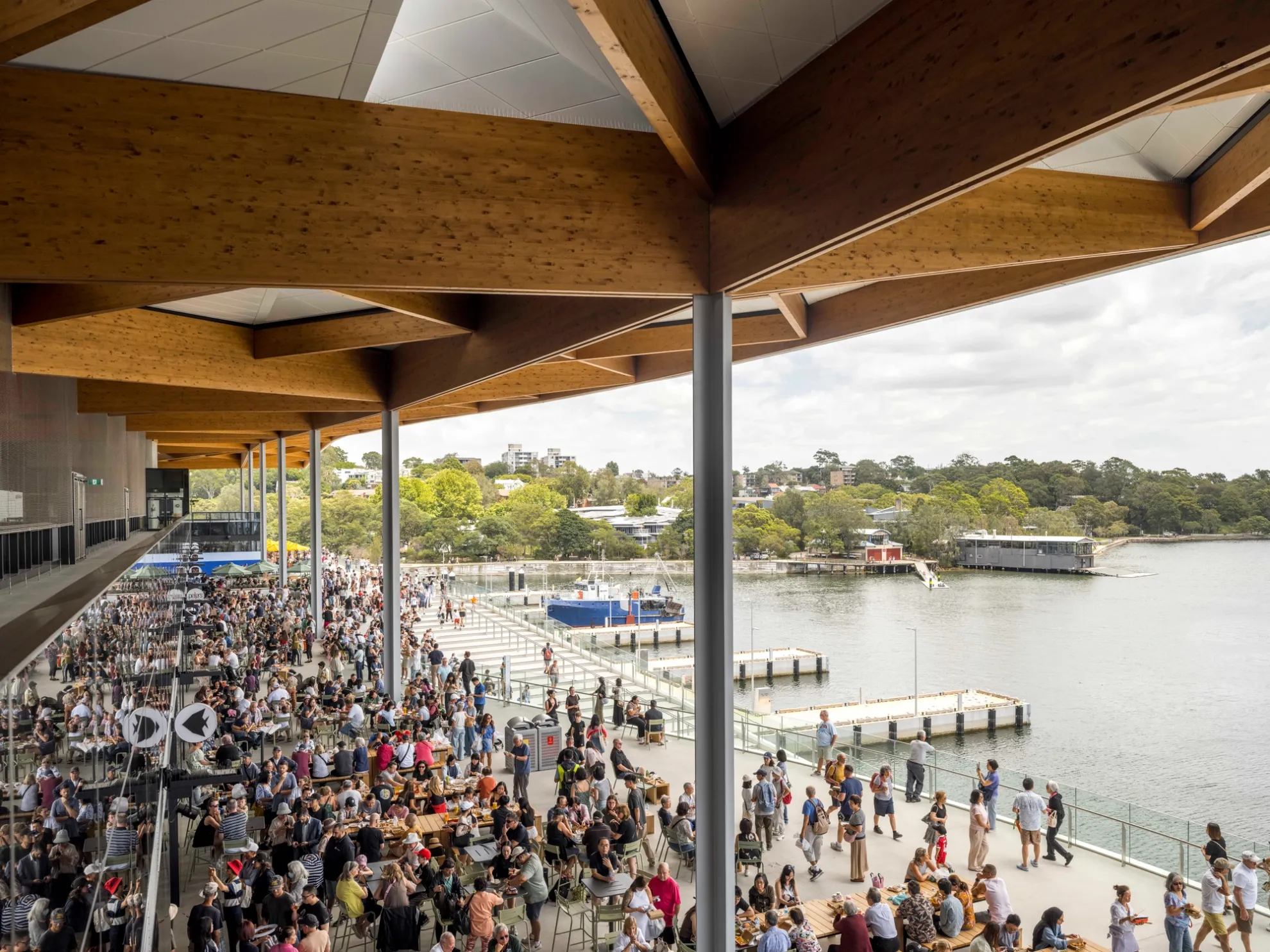 BVN Architecture Sydney civic architecture — New Sydney Fish Market waterfront public gathering space with timber canopy