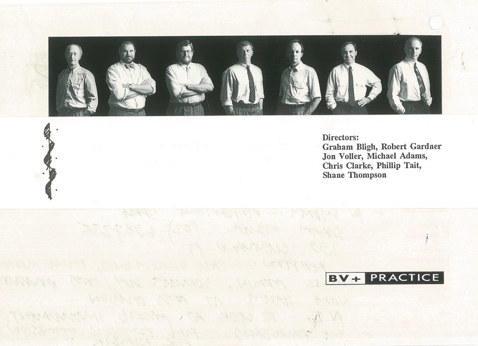 Bligh Voller Architects directors, Brisbane, c.1990. L-R: Graham Bligh, Robert Gardner, Jon Voller, Michael Adams, Chris Clarke, Phillip Tait, Shane Thompson.