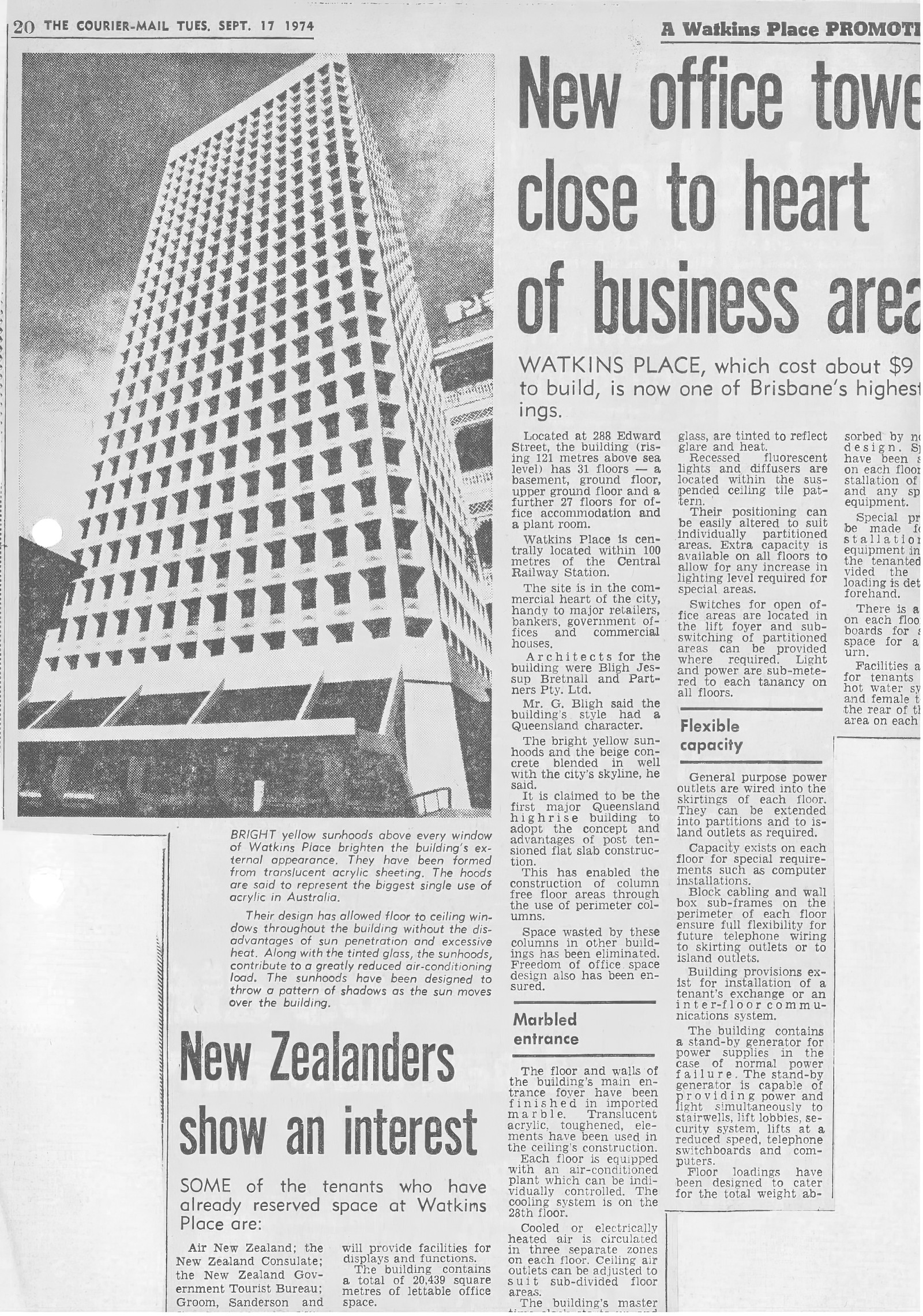 Column-free, floor to ceiling, and briefly the tallest building in Brisbane. The Courier-Mail, September 17 1974.