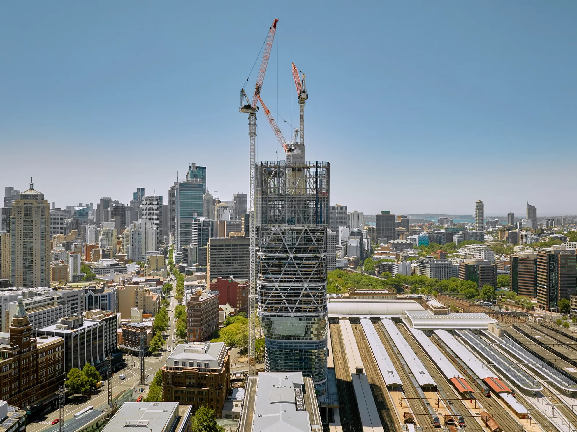 BVN Architecture Atlassian HQ Sydney CBD workplace tower under construction — exposed diagrid structure