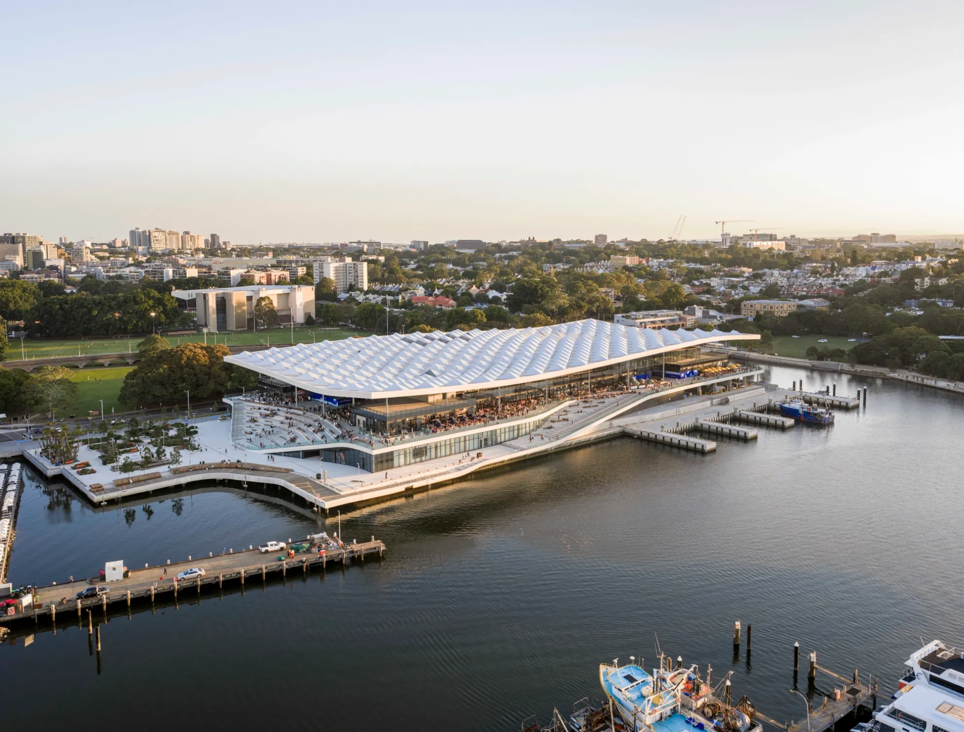 BVN Architecture Sydney civic architecture — New Sydney Fish Market waterfront public building with sculptural roof canopy