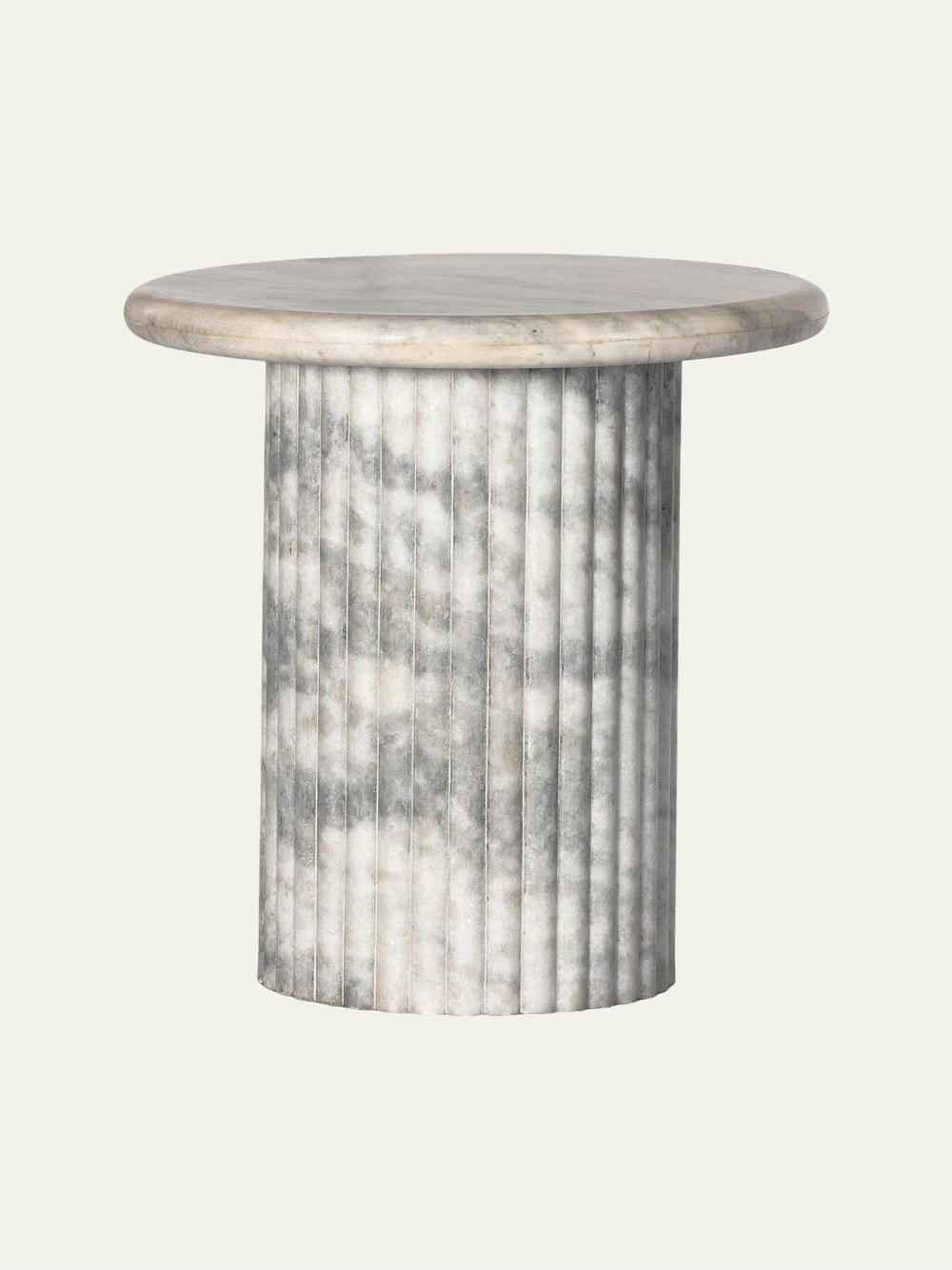 Oranda End Table with a round gray-veined marble top on a fluted cylindrical marble pedestal base.