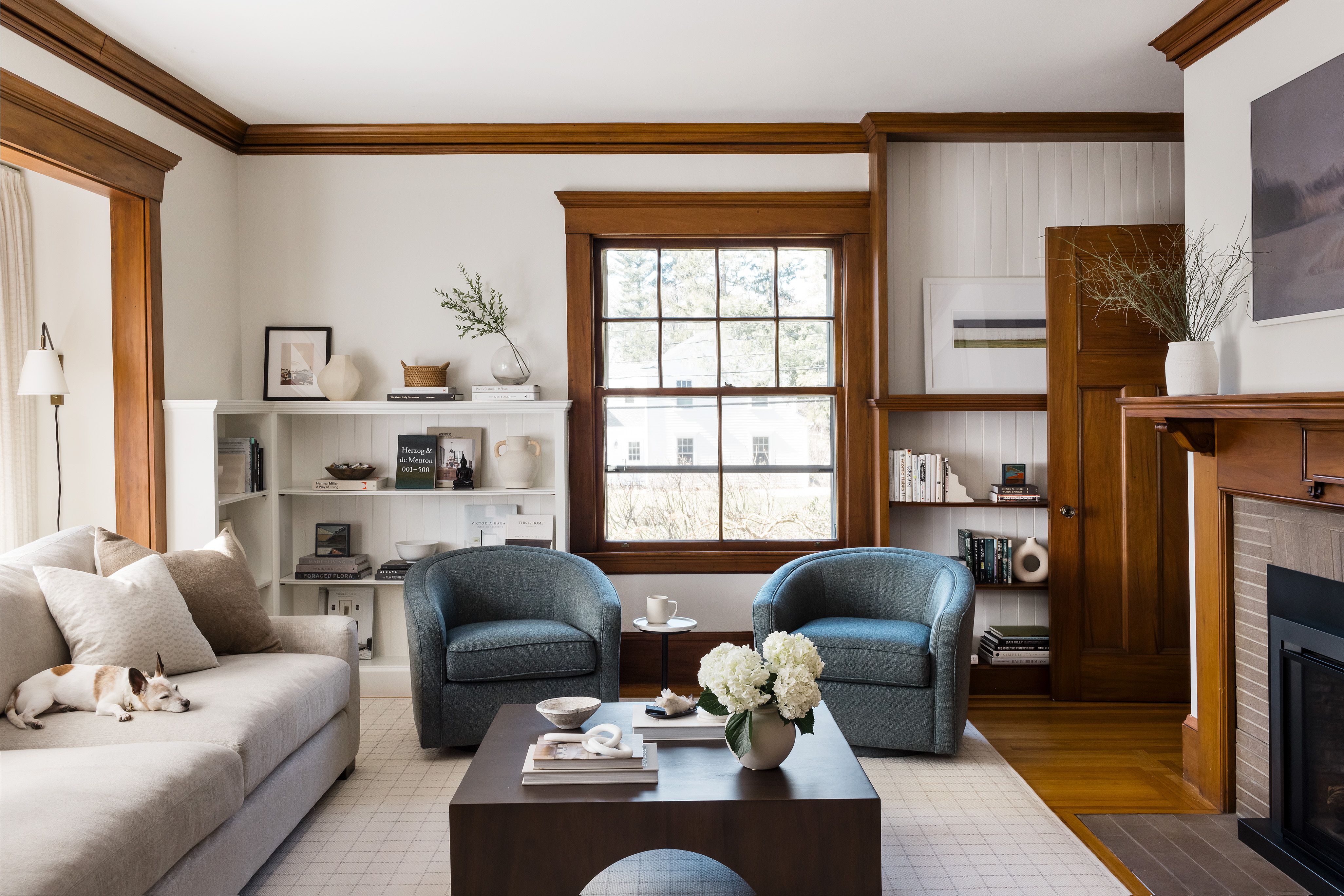 A living room with a beige sofa, a small dog curled on it, two blue swivel chairs, a dark wood coffee table, and a wood-trimmed fireplace.