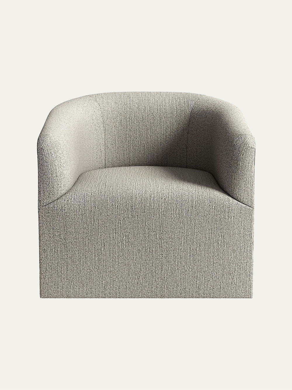 Carlyle Swivel Accent Chair in an oatmeal bouclé fabric with a rounded barrel back and swivel base.