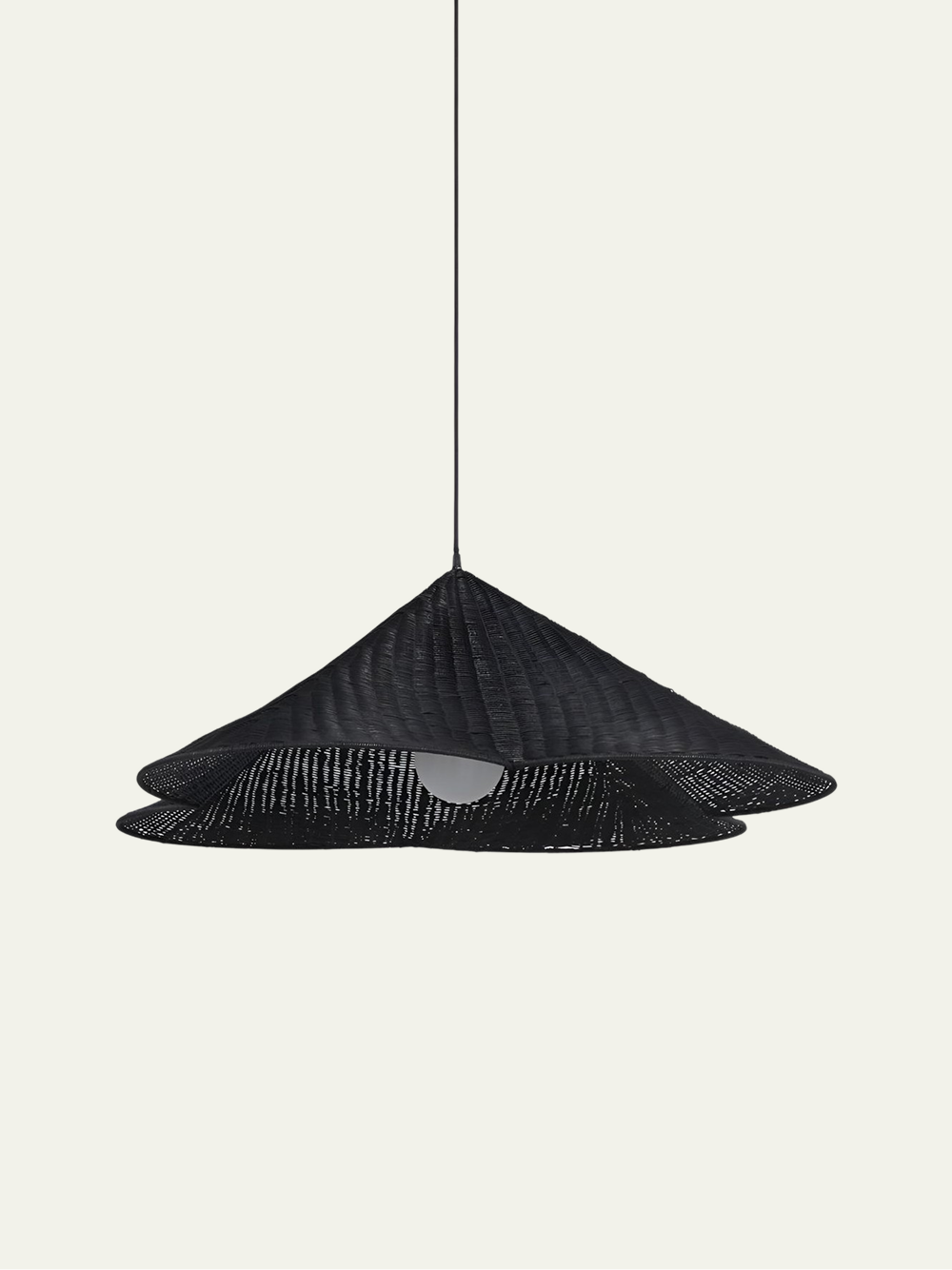 Kalani Pendant Light with a dark woven rattan shade in a layered, wide conical silhouette.